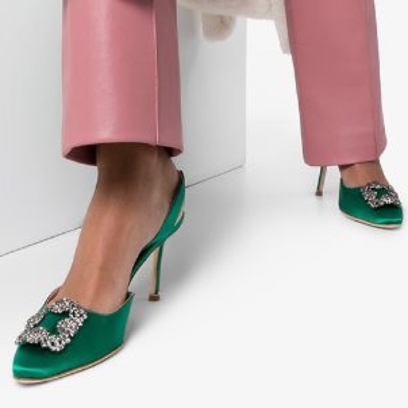 MANOLO BLAHNIK Hangisli Green Satin Jewel Buckle Slingback Pumps - Picture 2 of 12